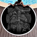 Wandlovers Cool Keltisch Odin Krieger Schwert Axt Rabe Kreuz Knoten Druck Runde Strandtüch mit Quasten Wikinger Helm Geist Nordisch Stranddecke Franse Strandwurf 59 inch