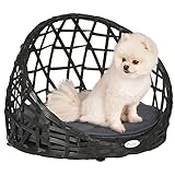 PawHut Rattan Hundehütte, Hundehöhle mit Kissen, Hundehaus, Haustierbett für kleine Hunde, Katzenhaus, Katzenkorb für drinnen und draußen, Rund, Schwarz+Grau, 51 x 51 x 41 cm