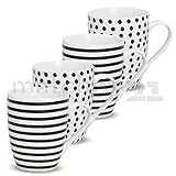 matches21 Becher Tassen Kaffeetassen Kaffeebecher Streifen & Punkte schwarz/weiß Keramik 4er Set je 10 cm 300 ml