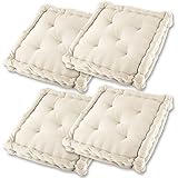 Gräfenstayn® 4er-Set Sitzkissen Stuhlkissen 40x40x8cm für Indoor und Outdoor aus 100% Baumwolle Dicke Polsterung Steppkissen/Bodenkissen (Creme)