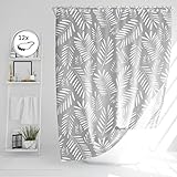 DROPHOP Duschvorhang 180x200 cm Polyester Textil hell-grau Muster Palmen-Blatt 100% wasserdicht beschwerter Saum Blickdicht Maschinen-waschbar Anti-schimmel Beschichtung inkl. 12 Edelstahl-Ringen