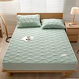 TOUMARY Spannbettlaken auch für`s Wasserbett 200 x 220 cm, Baumwolle, Gesteppte Matratzenauflage, weiche, luftdurchlässige Bettdecke, waschbare, geprägte Unterlage für Hotelgrün