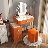 RobLux Weiß/Orange/Grau Schminktisch-Set mit LED-Leuchten Spiegel, gepolstertem Hocker und 3 Aufbewahrungsschubladen, Eitelkeit Make-up Tisch für Schlafzimmer