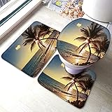 rutschfeste 3 Badteppich Set Palme Tropischer Strand Sonnenaufgang Blauer Himmel Orange Wolken U-Förmigen Contour Matte Weiche Dekorative Badgarnitur Badematten, Für Wohnzimmer, Wc-Sitz Bezug