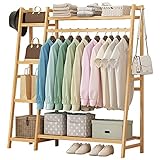 Exquisiter Kleiderständer, Kleiderständer, robuster, offener Bambus-Garderobenständer mit Kleiderstange und 6 Ablageflächen, für Kleider, Hosen, Schuhe, Hüte, Tragfähigkeit 100 kg, Natur 130 x 40 x 14