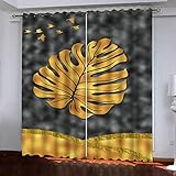 SATUSA Vorhänge Wohnzimmer Blickdicht Gardinen Verdunkelungsvorhang Schlafzimmer Kinderzimmer Thermovorhang Fensterdekoration 3D Tropische Goldene Blätter Muster Ösenschal 2Er Set 200X214Cm