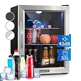 Klarstein Getränkekühlschrank, Kühlschrank Klein mit 2 Ablagen, Minikühlschrank Lautlos für Büro Camping Outdoor, Mini-Kühlschrank mit Glastür, Mini Fridge 0-10°C, Bierkühlschrank 33L, Silber/Schwarz