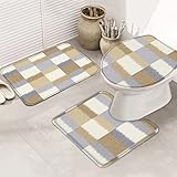 Badematten Set 3 Teilig Abstrakte Beige Karierte Moderne Kunst Mit Weißem Hintergrund Wasserabsorbierend Contour Badteppich Waschbar Wc-Deckelbezug Badteppich