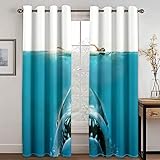 IZREEL 3D Gruseliger Tiefseehai Muster Vorhang Blickdicht Ösen 2Er Set, Modern Thermogardine Für Wohnzimmer Schlafzimmer, Verdunklungsvorhänge Kinderzimmer Fensterdekoration 166X146cm (HxB)