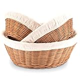 Decorasian Brotkorb geflochten aus Rattan - Brotkörbchen rund im 3er Set mit Leinentuch - Runde Brötchenkörbe klein und groß