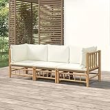 Homgoday Gartenlounge Set 3-TLG. Loungemöbel Gartenlounge Set Garnitur Sitzgruppe Lounge-Set Loungegruppe Gartensofa für Garten Terrasse und Balkon Bambus mit Cremeweißen Kissen