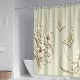 Duschvorhang 180X180, Duschvorhang Antischimmel Beige Polyester 3D Blumen und Schmetterlinge Badezimmer Duschvorhang