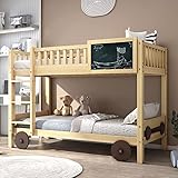 Hausbett Etagenbett mit Treppe für 2 Kinder - Vielseitiges Kiefer Rahmen, Kinderbett Spielbett für Jungen & Mädchen - Massivholz Bett mit Rausfallschutz & Lattenrost & Rädern & Tafel- 90x200cm, Natur
