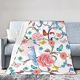 Romantische ausgefallene Flanelldecke mit Blumenvögeln, Schmetterling-Druck, leicht, volle Größe, superweich, Plüsch-Fleecedecke, 127 x 152 cm, 203 x 152 cm