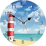 TAHEAT Leuchtturm Möwe Ozean Wanduhr, Hölzern Batteriebetrieben Uhren, Leise Nicht tickend Leicht zu lesen Wanduhr für Küche/Schlafzimmer/Wohnzimmer, 34 cm