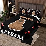 Homewish Cartoon Capybara 240Bx260L Bettdecke Kawaii Tier Deckbett Set,Schöne Capybara Bettwäsche Set Nette Liebe Herzen Bettdecke,Cartoon Schwarz Bett Bettdecke für Mädchen Zimmer Dekor Atmungsaktiv