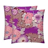 2Er Set Kissenhüllen Japanische Blume Lila Chrysantheme Vintage Gemütliche Kopfkissenbezug Quadratische,Dekorative Kissen Fall Für Cafe Sofa Kopfkissen 45X45Cm