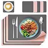 Tischsets Abwaschbar 6er Set, Platzset leder PU Platzdeckchen Leder Kunstleder Tischset Lederoptik Platzset Doppelseitigen (Rosa/Grau)