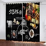 Blickdichter Vorhang 2 Stücke 3D Westliches Steak-Poster Muster Verdunklungsvorhänge Schlaufen Gardinen Kälteschutz & Hitzeschutz Ösenschal Für Schlafzimmer Wohnzimmer Fensterdekoration 214X200cm
