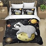 XPINGO Kinder Bettwäsche Kawaii Faultier 155x220 cm 3teilig Jungen und Mädchen 100% Mikrofaser Sommer Weiche Winter Warm Bettbezüge 3D Sternenklarer Himmel Bettbezug mit 2 Kissenbezüge 80x80 cm