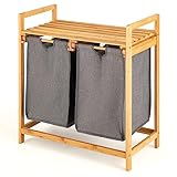 GOPLUS Wäschekorb 2 Fächer, Bambus Wäschesammler mit Ablage, Wäschebox Wäschesack Wäschesortierer ausziehbar und abnehmbar, 64 x 33 x 73 cm, Natur