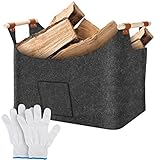 Holzkorb für Kaminholz Groß, Extra dicker Filz-Kaminholzkorb, Brennholzkorb, Feuerholzkorb mit verstärktem Holzgriff, Faltbarer Holzkorb Filztasche, 55 x 32 x 40 cm