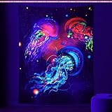 Betylifoy Schwarzlicht Wandteppich UV reaktiver Quallen Wandteppich Die Unterwasserwelt Bunter Hippie Wandteppich für Schlafzimmer Ästhetische Kinderzimmer Dekoration (148x200cm, Qualle)