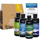 AllgäuQuelle® Saunaaufguss Set GENUSS AUFGUSS 100% BIO | Sauna Aufgussmittel | 4x100ml ✓ Allgäuer Erfrischung ✓ Allgäuer Naturluft ✓ Allgäuer Atemwohl ✓ Allgäuer Zapfenstreich | Sauna Zubehör Set