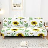 DOTBUY-SHOP Sofabezug Ohne Armlehnen Brillante Sonnenblume Druck Stretch Armlose Sofabettüberzug Weich Antirutsch Spandex Sofa Schutz Schonbezug für Klappsofa Bett (160-190cm,Weiße Sonnenblume)