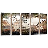 Feeby Wandbild XXL 5 tlg 150x60 cm Kontinente Erdkunde Weltkarte Deko Kunst Bild Wandbild Bilder Schlafzimmer Deko Konturenkarte Erde Abstraktion Braun