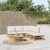 Homgoday Gartenlounge Set 6-TLG. Loungemöbel Gartenlounge Set Garnitur Sitzgruppe Lounge-Set Loungegruppe Gartensofa für Garten Terrasse und Balkon Bambus mit Cremeweißen Kissen