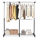 COSTWAY Kleiderständer ausziehbar, Garderobenwagen höhenverstellbar, Kleiderstange mit 2 Einzelstange, Kleiderwagen Rollgarderobe auf Rollen, Garderobenständer stabil, (91-160) x 43 x (93-168) cm