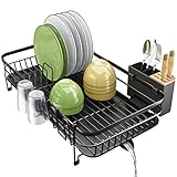 SAYZH Abtropfgestell, Erweiterbar (32,5 cm-54,6 cm) Geschirrabtropfgestell mit Utensilienhalter Getränkehalter, Geschirrabtropfgestell und Abtropfbrett-Set für Küchentheke, Schwarz