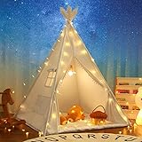 LIONHERZ® Tipi Zelt für Kinder aus 100% Baumwolle mit Kuschelmatte, Tragetasche und Federschmuck | Tippi Kinderzelt [Stabil] Teepee Spielzelt Indoor Outdoor | Spielhaus Mädchen Jungen (Reinweiß)