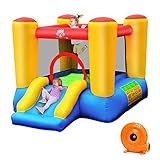 COSTWAY Hüpfburg + Gebläse Kombination mit Rutsche, Springburg Hüpfschloss Aufblasbares Trampolin Spielburg Outdoor Bouncer Luftgebläse inkl. Tragetasche, Ruten, Reparaturpaket 200x254x160cm