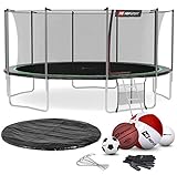 Hop-Sport Trampolin Outdoor Ø 430 cm – Gartentrampolin Komplettset mit stabilen U-Beinen, innenliegendem Netz, Sprungtuch und Leiter sowie Extra-Zubehör, schwarz/grün