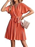 MODERUSH Damen Sommer chiffonkleid Casual Plissee Midi Kleid V-Ausschnitt Kurzarm Rüsche Sun Kleid für Hochzeitsgast