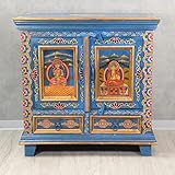 Oriental Galerie Indisches Sideboard Rabten 77 cm lang, mit Buddha Motiv verziert, in Blau Wandschrank Holzschrank Schrank Kommode Holz Yoga Tibet
