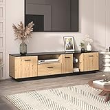 Azkoeesy 180 cm TV-Schrank TV Lowboard mit LED-Beleuchtung, 3 Türen & Schublade, Glas Regal, Schwarze Tischplatte, Natur