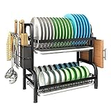 IBVIVIC Geschirrtrockner Abtropfgestell Edelstahl, 2 Ebenen Geschirrkorbs mit Tropfschalen Besteckhalter Schneidebretthalter Geschirrablage für Küche, Schwarz