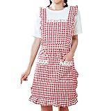 GudGmtoy Schürze Küche Backen Schürzen Vintage Damen Schürzen Rot Gitter Rüschen Schürzen Prinzessin Niedlich Geburtstag Geschenk Baumwolle Schürze Schürzen für Frauen Mädchen mit Taschen