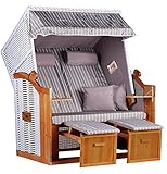 Mr. Deko Strandkorb Ostsee Volllieger Strandstuhl Gartenliege Liegestuhl PE Geflecht Weiß Grau inkl. 4 Kissen - Strandkörbe aus Hartholz für Garten, Wintergarten und Terrasse (Dessin Royal Grau)