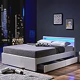 Home Deluxe - LED Bett NUBE - Weiß, 180 x 200 cm - inkl. Lattenrost und Schubladen I Polsterbett Design Bett inkl. Beleuchtung