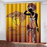 ARMOQ Blickdichter Vorhang, GelbSonnenuntergangAfricanGirl 115x280CM x 2 Verdunkelungsvorhang für Kinderzimmer, 3D-Drucke mit Ösen, für Wohnzimmer, Büro, Energiesparvorhänge