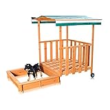 Melko Sandkasten mit Spielveranda, Abdeckung und Sonnenschutz für Kinder, aus Holz, 182 x 100 x 140, Sandbox mit Geländer, Dach grün weiß