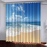 Vorhang Blickdicht 3D Blauer Himmel Meer Strand Drucken Muster Ösenschal - 2 Stücke Verdunklungsvorhänge Mit Ösen Kinderzimmer Wohnzimmer Schallschutz Vorhang Verdunkelung Gardinen, 220 X 215 cm (B X