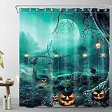 HVEST Horror Halloween Duschvorhang für Badezimmer, gruselige Nacht, schwarze Krähe und Kürbis auf Friedhof, Wald, Duschvorhang mit Haken, gruseliger Vollmond-Nacht, Badezimmer-Duschvorhang-Set, 183 x