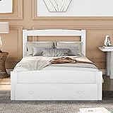 Bett 90x200 mit Lattenrost und Schublade Kinder Bett Jugendbett MassivholzBett mit Kopfteil Einzelbett Bettgestell (Weiß)