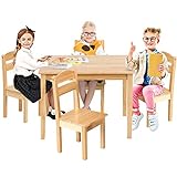 GOPLUS 5 TLG. Kindersitzgruppe, Kindertisch mit 4 Stühlen, Kindersitzgruppe Kiefer, Kinderstuhl & Tisch Holz, Sitzgruppe für Kinder, Sitzgruppe Kinderzimmer, Vorschüler Kindermöbel (Modell 3)