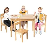 GOPLUS 5 TLG. Kindersitzgruppe, Kindertisch mit 4 Stühlen, Kindersitzgruppe Kiefer, Kinderstuhl & Tisch Holz, Sitzgruppe für Kinder, Sitzgruppe Kinderzimmer, Vorschüler Kindermöbel (Modell 3)